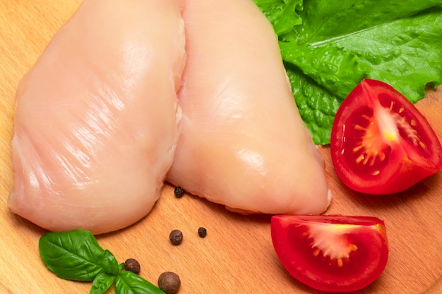 Photo les poitrines de poulet crues sur planche à découper