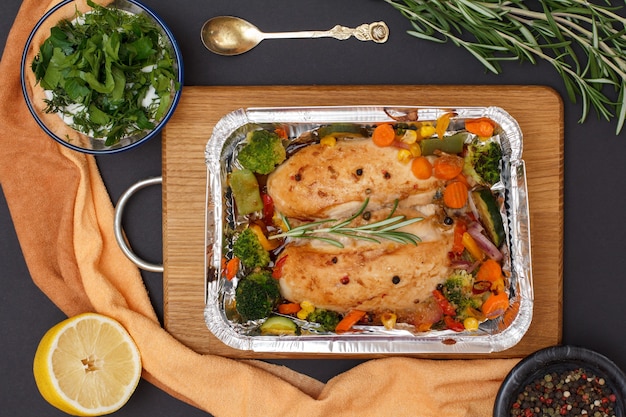 Poitrines de poulet cuites au four ou filet avec légumes et légumes verts dans un récipient en métal sur une planche à découper en bois. Bol en verre avec sauce, cuillère, citron et épices. Vue de dessus.