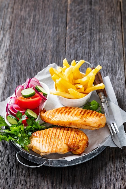 Poitrines de poulet avec frites et salade