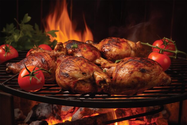 Des poitrines de poulet grillées sur une assiette de gril sur fond noir avec des tomates