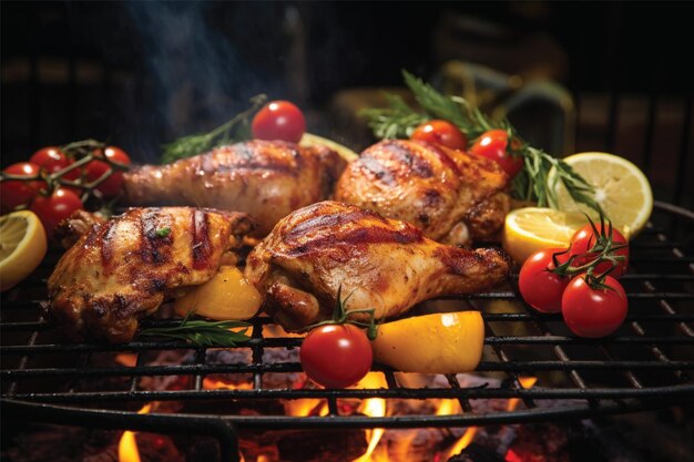 Des poitrines de poulet grillées sur une assiette de gril sur fond noir avec des tomates