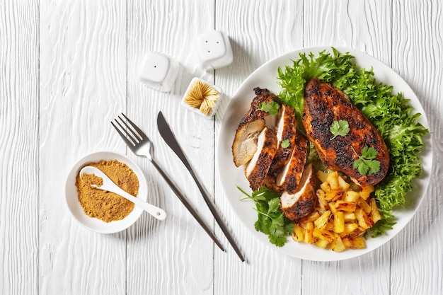 Poitrines de poulet jerk avec cubes d'ananas grillés et laitue verte fraîche sur une assiette blanche sur une table texturée en bois vue horizontale d'en haut espace libre à plat