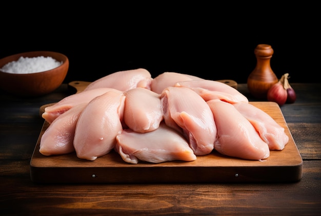 Poitrines de poulet à la viande fraîche allongées sur une planche de cuisine et un fond noir