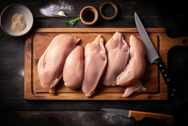 Poitrines de poulet à la viande fraîche allongées sur une planche de cuisine et un fond noir