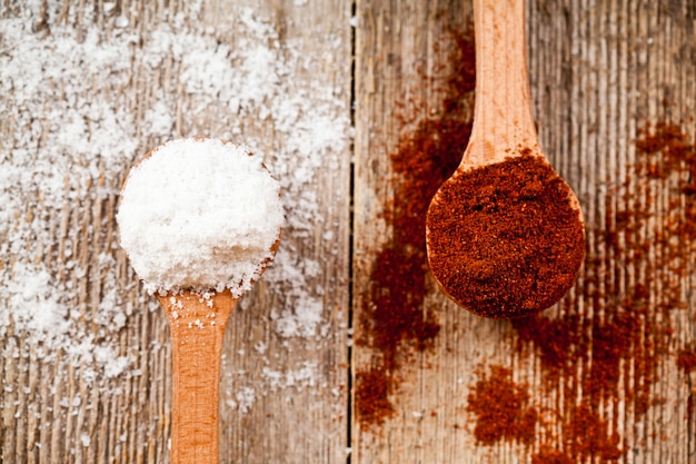 Poivre rouge moulu et sel de cuisine dans des cuillères en bois