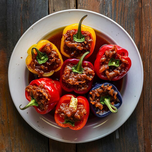 poivrés dans de la sauce, des poivrons farcis dans une assiette sur une table en bois