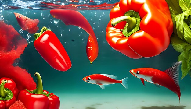 Poivron rouge gros plan dans l'eau sous le micro focus sélectif de l'eau