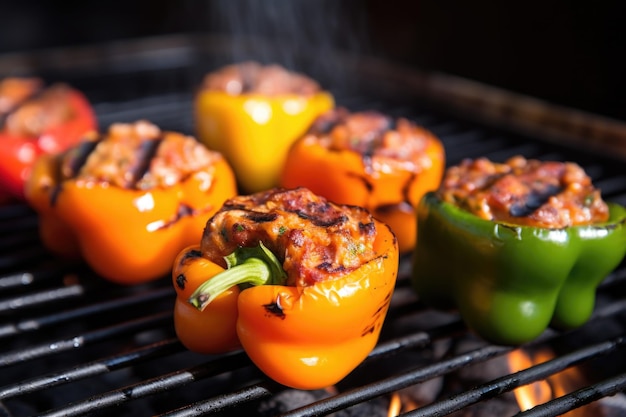 Poivrons farcis au barbecue fumés avec des marques de grill visibles