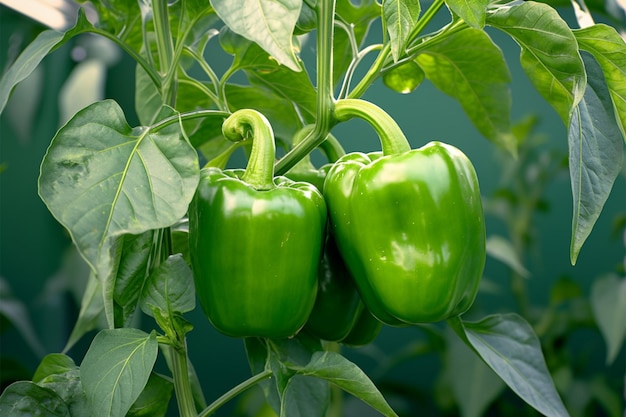 Des poivrons frais de la ferme Des poivrots verts pendent d'un arbre