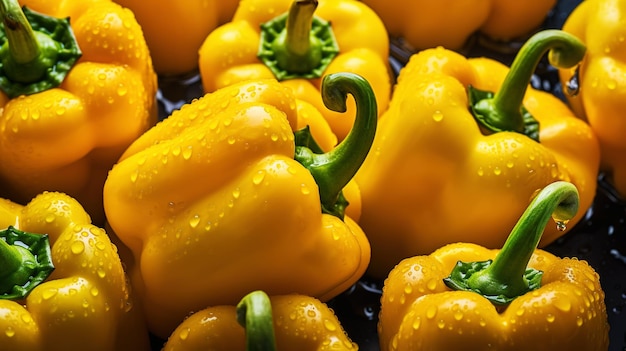 Photo poivrons jaunes frais avec gouttes d'eau fond légumes toile de fond ia générative