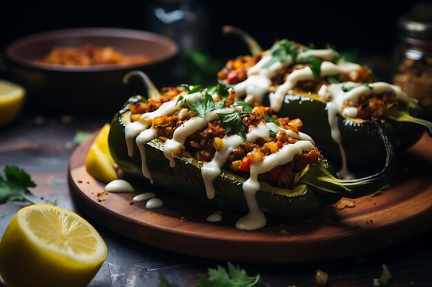 Poivrons poblano farcis recette végétalienne photo de nourriture