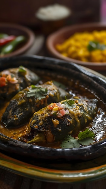 Des poivrons Poblano salés en sauce tomate sur une table en bois