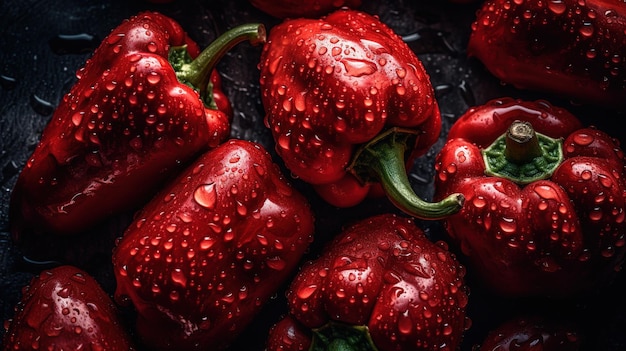 Poivrons rouges avec des gouttelettes d'eau sur eux dans un plateau noir