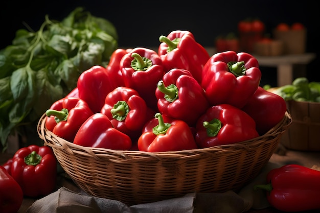 poivrons rouges sur panier derrière fond vert flou concept de nourriture végétalienne