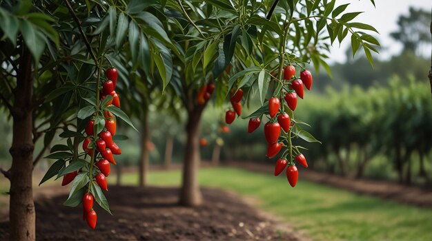 Des poivrons rouges et verts poussent dans le jardin.