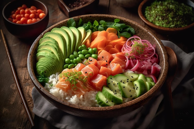 Poke bol au saumon et légumes ai générative