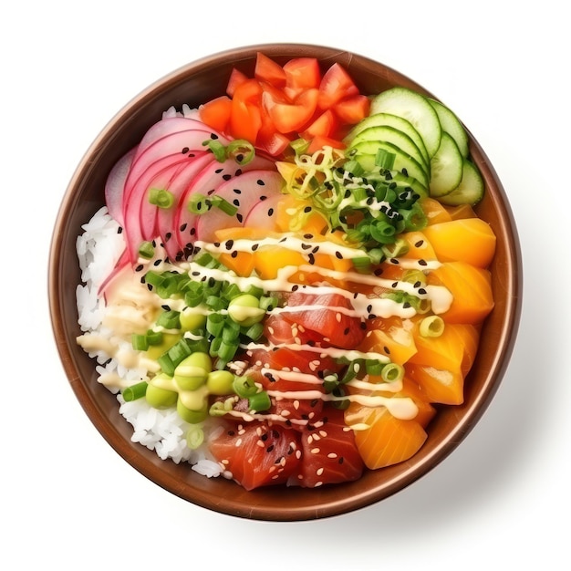 Poke bowl Poisson cru sur riz garni de légumes et sauce isolée