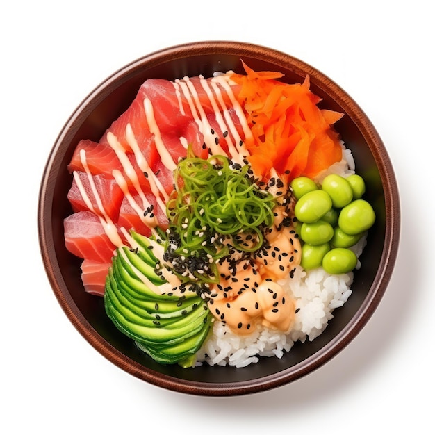 Poke bowl Poisson cru sur riz garni de légumes et sauce isolée