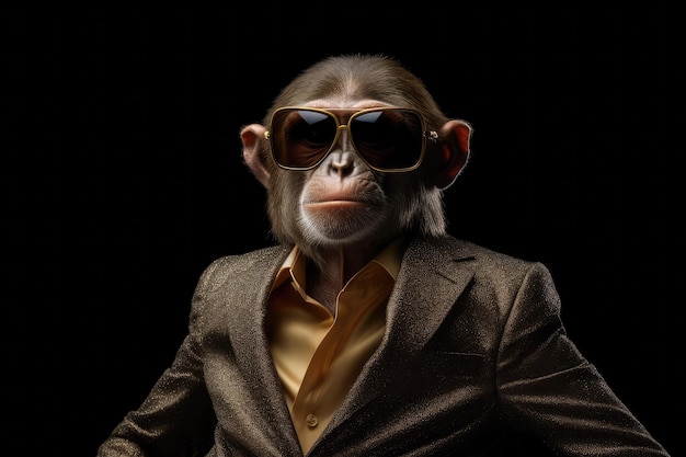 Photo poker face monkey en costume et lunettes de soleil sur fond noir ai générative