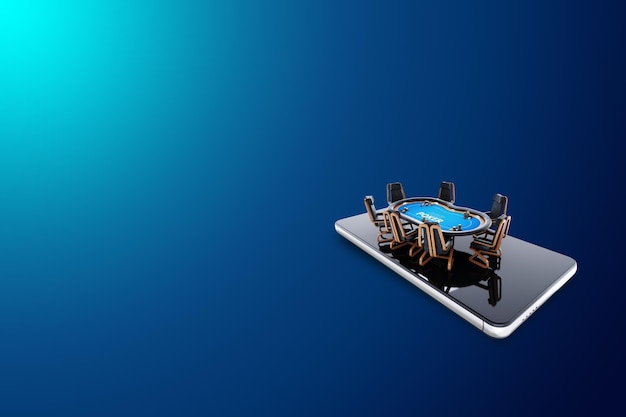 Poker table de poker en ligne sur écran de smartphone salle de poker jeu de poker casino en ligne application Texas hold'em jeux de cartes Design moderne style magazine rendu 3D illustration 3D