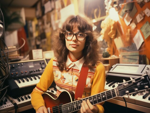 Photo polaroid d'un nerd qui joue de la guitare dans les années 70