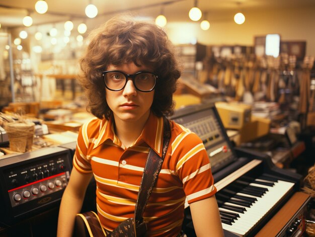 Photo polaroid d'un nerd qui joue de la guitare dans les années 70