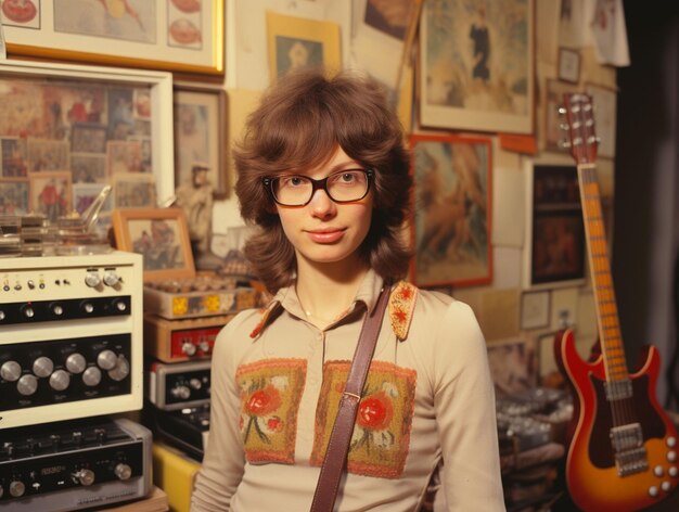 Photo polaroid d'un nerd qui joue de la guitare dans les années 70