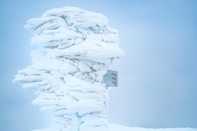 Pôle d'information recouvert de glace congelée sur fond bleu clair