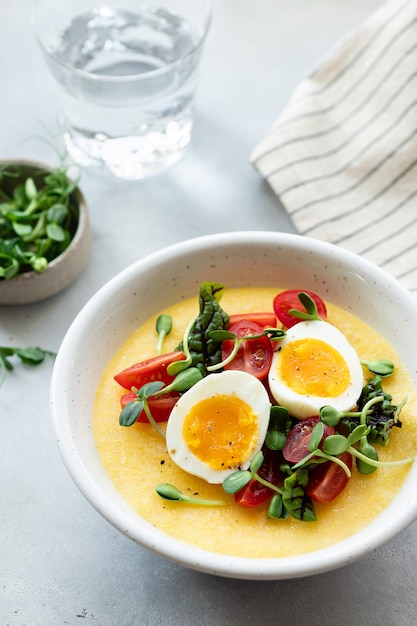 polenta au parmesan avec oeufs légumes frais dans un bol en céramique cuisine italienne