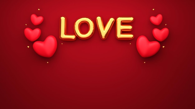 Police de ballon d'amour doré 3D avec des coeurs brillants, de minuscules boules sur fond rouge.