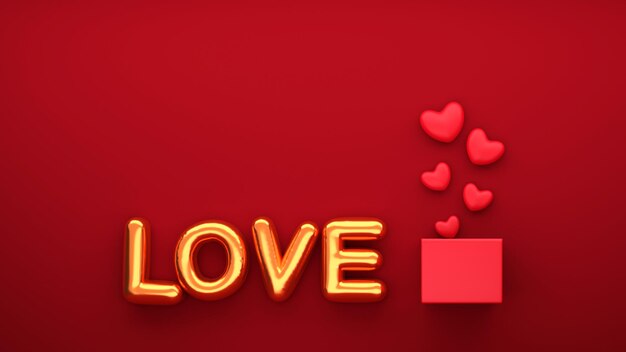Police de ballon d'amour doré 3D avec des coeurs brillants sortant de la boîte sur fond rouge.