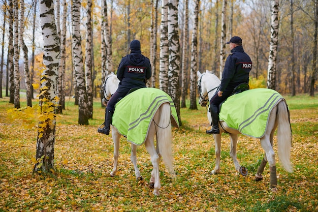 Police montée dans le parc de la ville d'automne