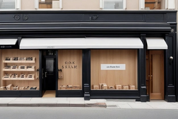 Une police de vente complexe dessinée à la main et affichée sur une façade de magasin contemporaine minimaliste