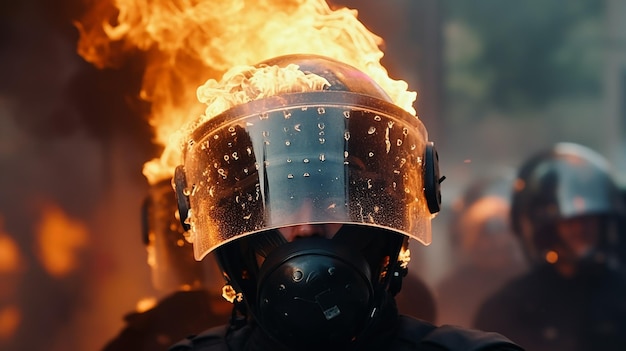Un policier anti-émeute combattant dans les flammes portant un casque dans une situation de révolte en gros plan