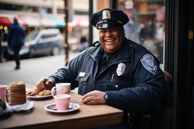 Photo un policier apprécie un moment de détente avec une assiette de beignets et une tasse de café.