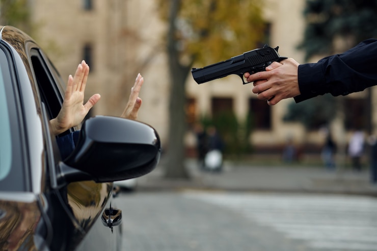 Photo un policier avec une arme à feu arrête un conducteur criminel