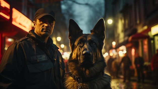 Photo un policier avec un chien qui marche dans la rue.