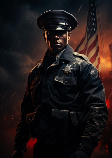 Un policier debout sous la pluie avec un drapeau américain en arrière-plan.