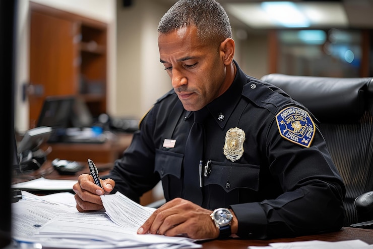 Photo un policier examinant des rapports dans un poste de police concentré et professionnel
