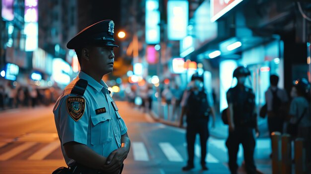 Photo un policier fait la garde dans une rue animée de la ville la nuit.