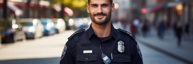 Un policier avec un insigne sur son épaule.