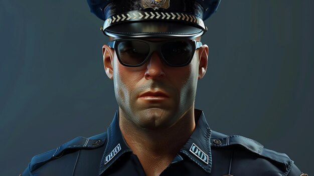 Un policier avec des lunettes de soleil sur le visage et une casquette sur la tête regarde la caméra avec une expression sérieuse