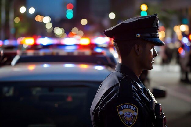 Photo un policier près d'une voiture avec des lumières dans la rue de la ville avec une mise au point sélective et un bokeh