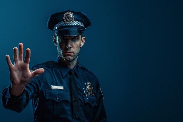 Un policier se tient devant un mur bleu.