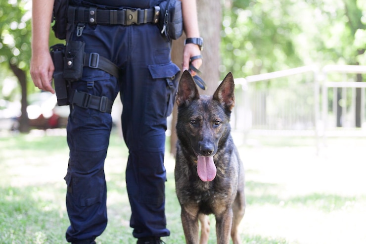 Photo un policier en service avec un chien de police.