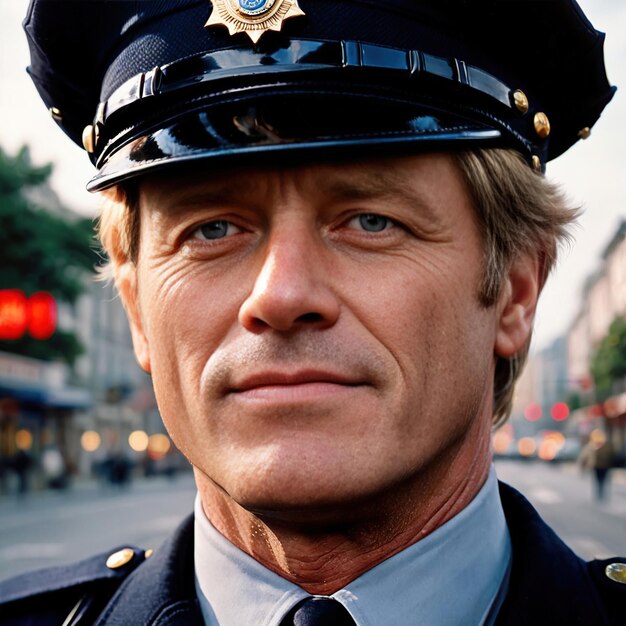 Photo le policier souriant, l'officier de police masculin, le look classique rétro vintage.