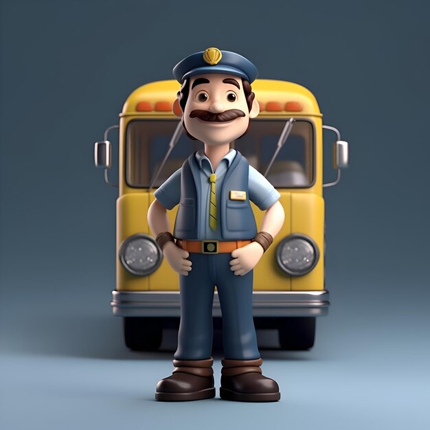 Un policier en uniforme debout à côté d'un bus scolaire Rendering 3D