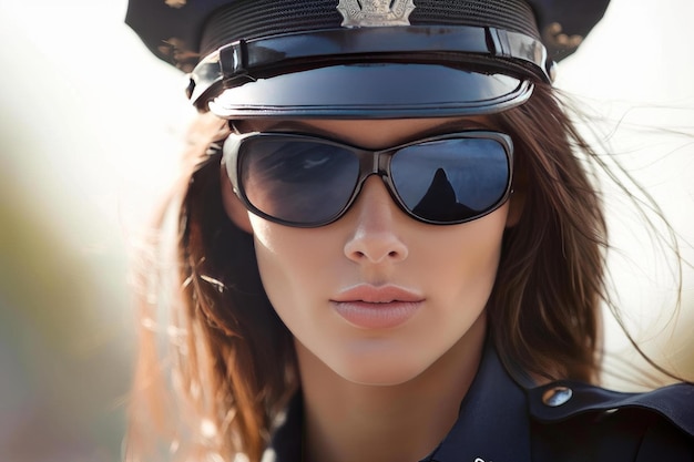 Une policière afro-américaine avec des lunettes de soleil.