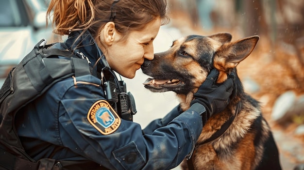 Une policière avec un chien de berger gentil