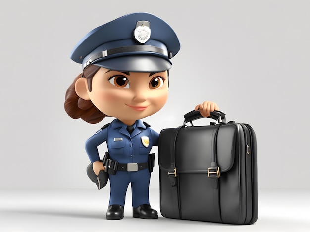 Policière de dessin animé 3D en uniforme avec un fond blanc porte-documents